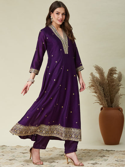 Women's Designer Vichitra Silk Purple Color Embroidery Anarkali Kurta Pant with Dupatta Set